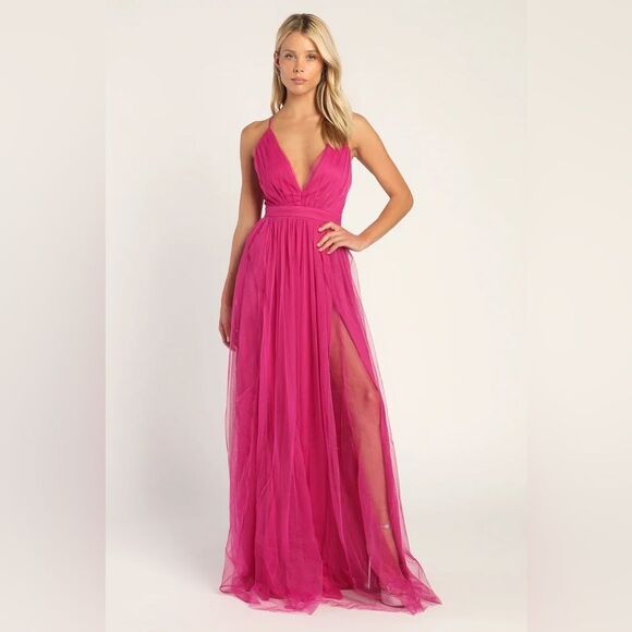 Maniju Magenta Formal Tulle Evening Gown Side Slit - Picture 11 of 12